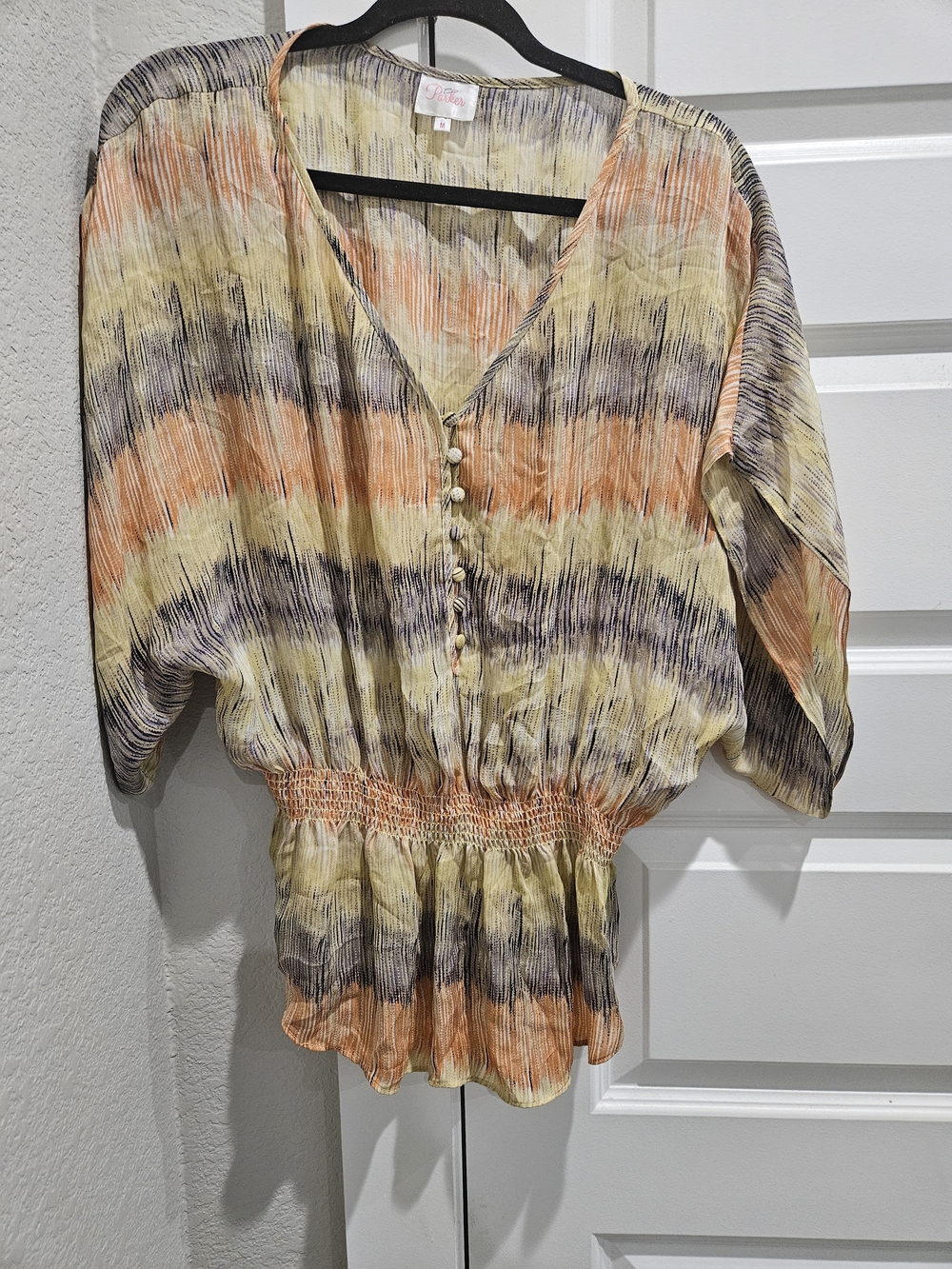 Parker Peach, Yellow & Charcoal Striped V-Neck Smocked Waist Tunic